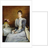 Portrait of Mrs. Joseph Chamberlain, seated three-quarter length at a tea-table, wearing a grey and white dress, 1891 by John Everett Millais