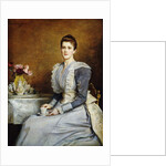 Portrait of Mrs. Joseph Chamberlain, seated three-quarter length at a tea-table, wearing a grey and white dress, 1891 by John Everett Millais