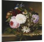Roses and Other Flowers in a Basket on a Ledge by Dionys van Nijmegen