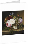 Roses and Other Flowers in a Basket on a Ledge by Dionys van Nijmegen