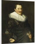 Portrait of a Gentleman, Standing half length, Wearing a Blue Costume with Gold Embroidery and a White Lace Collar by Paulus Moreelse