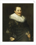 Portrait of a Gentleman, Standing half length, Wearing a Blue Costume with Gold Embroidery and a White Lace Collar by Paulus Moreelse