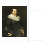 Portrait of a Gentleman, Standing half length, Wearing a Blue Costume with Gold Embroidery and a White Lace Collar by Paulus Moreelse