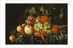 Peaches, Oranges, Grapes and Langoustines on a Pewter Plate and a Conical Roemer on a Box on a Partially Draped Ledge by Cornelis de Heem