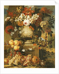 Flowers in Urns on Plinths with Fruit by Gaspar Pieter II Verbruggen