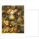 Flowers in Urns on Plinths with Fruit by Gaspar Pieter II Verbruggen