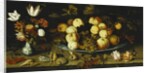 Fruit on a Dish, Flowers in a Wanli Kraak Porselein Vase, Sprigs of Cherries and Redcurrants, Seashells, a Rose, a Tulip, a Pink, a Lizard, a Snail and a Red Admiral on a Stone Ledge, Dragonflies Above by Balthasar van der Ast