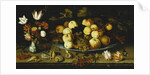 Fruit on a Dish, Flowers in a Wanli Kraak Porselein Vase, Sprigs of Cherries and Redcurrants, Seashells, a Rose, a Tulip, a Pink, a Lizard, a Snail and a Red Admiral on a Stone Ledge, Dragonflies Above by Balthasar van der Ast