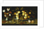 Fruit on a Dish, Flowers in a Wanli Kraak Porselein Vase, Sprigs of Cherries and Redcurrants, Seashells, a Rose, a Tulip, a Pink, a Lizard, a Snail and a Red Admiral on a Stone Ledge, Dragonflies Above by Balthasar van der Ast