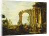 A Capriccio of Classical Ruins with the Pyramid of Cestius and Figures in a Landscape by Giovanni Paolo Pannini