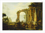 A Capriccio of Classical Ruins with the Pyramid of Cestius and Figures in a Landscape by Giovanni Paolo Pannini