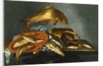 A Pike, Carp, Tench and Roach with a Sieve and a Brass Bucket on a Ledge, 1661 by Abraham Susenier