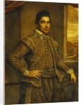 Portrait of a Gentleman, Standing Three-Quarter Length, Wearing an Elaborately Embroidered Costume, Before a Window, a Landscape Beyond by Domenico Robusti Tintoretto