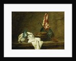 Beets, a Spice Box, a Dishcloth, a Pot, a Glazed Earthenware Plate, a Skimmer, with Meat on a Hook, on a Ledge, 1734 by Jean-Baptiste Simeon Chardin