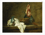 Beets, a Spice Box, a Dishcloth, a Pot, a Glazed Earthenware Plate, a Skimmer, with Meat on a Hook, on a Ledge, 1734 by Jean-Baptiste Simeon Chardin
