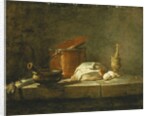Leeks, a Casserole, a Copper Pot with a Cover, a Slice of Fish, an Onion and Two Eggs, with a Pestle and Mortar, on a Ledge, 1734 by Jean-Baptiste Simeon Chardin