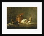 Leeks, a Casserole, a Copper Pot with a Cover, a Slice of Fish, an Onion and Two Eggs, with a Pestle and Mortar, on a Ledge, 1734 by Jean-Baptiste Simeon Chardin
