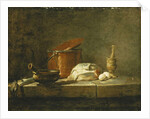 Leeks, a Casserole, a Copper Pot with a Cover, a Slice of Fish, an Onion and Two Eggs, with a Pestle and Mortar, on a Ledge, 1734 by Jean-Baptiste Simeon Chardin