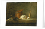 Leeks, a Casserole, a Copper Pot with a Cover, a Slice of Fish, an Onion and Two Eggs, with a Pestle and Mortar, on a Ledge, 1734 by Jean-Baptiste Simeon Chardin