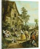 Peasants Dancing and Merry-Making Before a Tavern, a Walled Town Beyond, by Louis Joseph (1731-98) Watteau