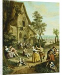 Peasants Dancing and Merry-Making Before a Tavern, a Walled Town Beyond, by Louis Joseph (1731-98) Watteau