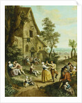 Peasants Dancing and Merry-Making Before a Tavern, a Walled Town Beyond, by Louis Joseph (1731-98) Watteau
