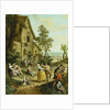 Peasants Dancing and Merry-Making Before a Tavern, a Walled Town Beyond, by Louis Joseph (1731-98) Watteau