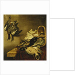 An Overturned Basket of Fowl, a Hare, an Artichoke and Lettuce on a Ledge Draped with a Red Cloth by Jacobus Biltius