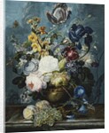 Roses, a Tulip, an Iris, Dahlias, Lamium, Forget-me-nots, Convolvulus, Auricula and Delphiniums in a Vase with Grapes and Peaches on a Stone Ledge by Ladislaus Tumal