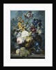 Roses, a Tulip, an Iris, Dahlias, Lamium, Forget-me-nots, Convolvulus, Auricula and Delphiniums in a Vase with Grapes and Peaches on a Stone Ledge by Ladislaus Tumal