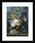 Roses, a Tulip, an Iris, Dahlias, Lamium, Forget-me-nots, Convolvulus, Auricula and Delphiniums in a Vase with Grapes and Peaches on a Stone Ledge by Ladislaus Tumal