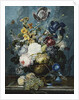Roses, a Tulip, an Iris, Dahlias, Lamium, Forget-me-nots, Convolvulus, Auricula and Delphiniums in a Vase with Grapes and Peaches on a Stone Ledge by Ladislaus Tumal