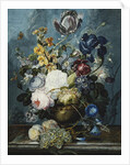 Roses, a Tulip, an Iris, Dahlias, Lamium, Forget-me-nots, Convolvulus, Auricula and Delphiniums in a Vase with Grapes and Peaches on a Stone Ledge by Ladislaus Tumal