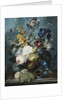 Roses, a Tulip, an Iris, Dahlias, Lamium, Forget-me-nots, Convolvulus, Auricula and Delphiniums in a Vase with Grapes and Peaches on a Stone Ledge by Ladislaus Tumal
