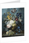 Roses, a Tulip, an Iris, Dahlias, Lamium, Forget-me-nots, Convolvulus, Auricula and Delphiniums in a Vase with Grapes and Peaches on a Stone Ledge by Ladislaus Tumal