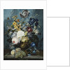 Roses, a Tulip, an Iris, Dahlias, Lamium, Forget-me-nots, Convolvulus, Auricula and Delphiniums in a Vase with Grapes and Peaches on a Stone Ledge by Ladislaus Tumal