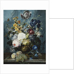 Roses, a Tulip, an Iris, Dahlias, Lamium, Forget-me-nots, Convolvulus, Auricula and Delphiniums in a Vase with Grapes and Peaches on a Stone Ledge by Ladislaus Tumal