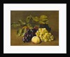 A Peach, an Orange and Grapes on a Wooden Ledge by William Hammer