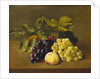 A Peach, an Orange and Grapes on a Wooden Ledge by William Hammer