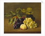 A Peach, an Orange and Grapes on a Wooden Ledge by William Hammer