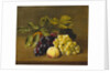 A Peach, an Orange and Grapes on a Wooden Ledge by William Hammer