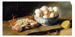 A Crab and a Bowl of Eggs on a Basket, with a Bottle and Half a Lemon by Mary E. Powis