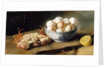 A Crab and a Bowl of Eggs on a Basket, with a Bottle and Half a Lemon by Mary E. Powis