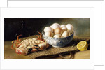A Crab and a Bowl of Eggs on a Basket, with a Bottle and Half a Lemon by Mary E. Powis