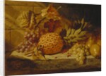 Black and White Grapes, Pears, Redcurrants and a Pineapple on a Ledge, 1845 by George Lance