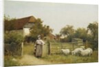 Young Girl with Sheep, by a Cottage by Benjamin D. Sigmund