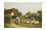 Young Girl with Sheep, by a Cottage by Benjamin D. Sigmund
