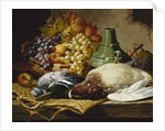 A Mallard and a Woodpigeon with a Basket of Apples and Grapes on a Wooden Ledge by Charles Thomas Bale