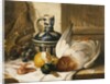 A Mallard, a Jug, a Peeled Lemon, Grapes and Shrimps on Draped Ledge by Edward Ladell