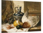A Mallard, a Jug, a Peeled Lemon, Grapes and Shrimps on Draped Ledge by Edward Ladell